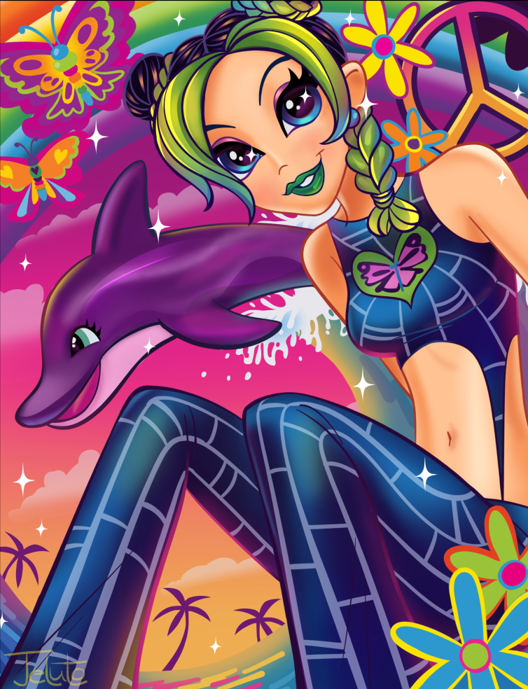 1girl, artist_name, bangs, blue_earrings, blue_eyes, braid, braided_bun, breasts, bug, butterfly, dolphin, double_bun, earrings, green_hair, insect, jeluto, jewelry, jojo_no_kimyou_na_bouken, kuujou_jolyne, lipstick, looking_at_viewer, makeup, midriff, multicolored_hair, navel, palm_tree, parody, parted_bangs, peace_symbol, pink_sky, rainbow, sitting, small_breasts, smile, solo, stone_ocean, style_parody, tree, two-tone_hair, water