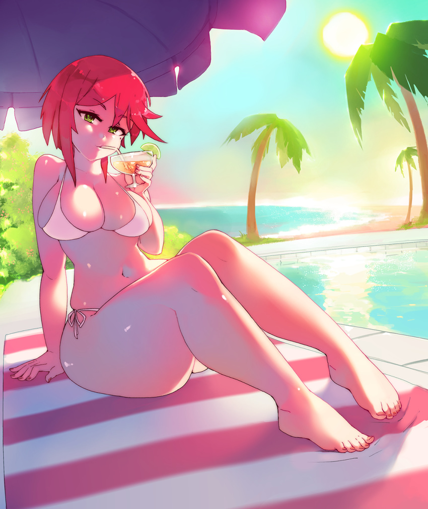 1girl, bare_arms, bare_legs, bare_shoulders, beach, beach_towel, bikini, bikini_top, breasts, cocktail, cocktail_glass, coconut_tree, cup, day, drink, drinking, drinking_glass, drinking_straw, eba_rin, eyebrows_visible_through_hair, food, fruit, green_eyes, highres, horizon, kimi_no_iru_machi, large_breasts, lemon, lemon_slice, looking_at_viewer, medium_hair, navel, ocean, outdoors, palm_tree, poolside, redhead, rtil, sand, sitting, solo, sunlight, swimsuit, thick_thighs, thighs, towel, tree, umbrella, water, white_bikini