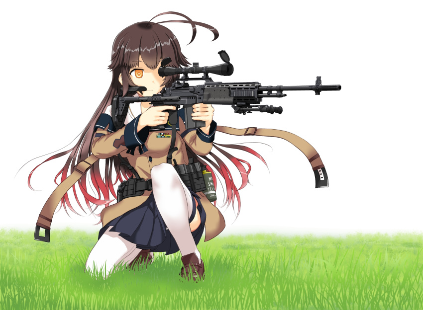 1girl, ahoge, aiming, explosive, firing, girls_frontline, grass, grenade