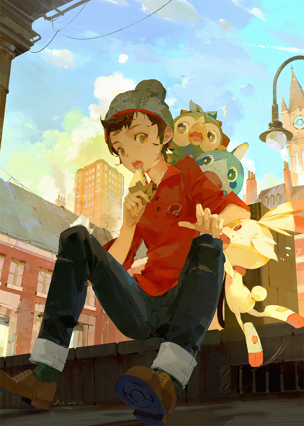 1boy, a-shacho, beanie, brown_eyes, brown_hair, city, clock, clock_tower