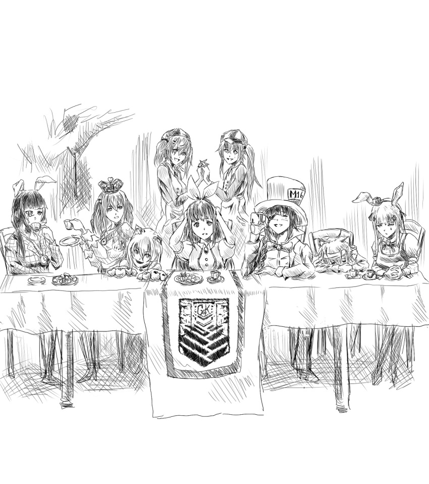404_(girls_frontline), 6+girls, alice_(wonderland), alice_(wonderland)_(cosplay), alice_in_wonderland, animal_ears, anti-rain_(girls_frontline), cat_ears