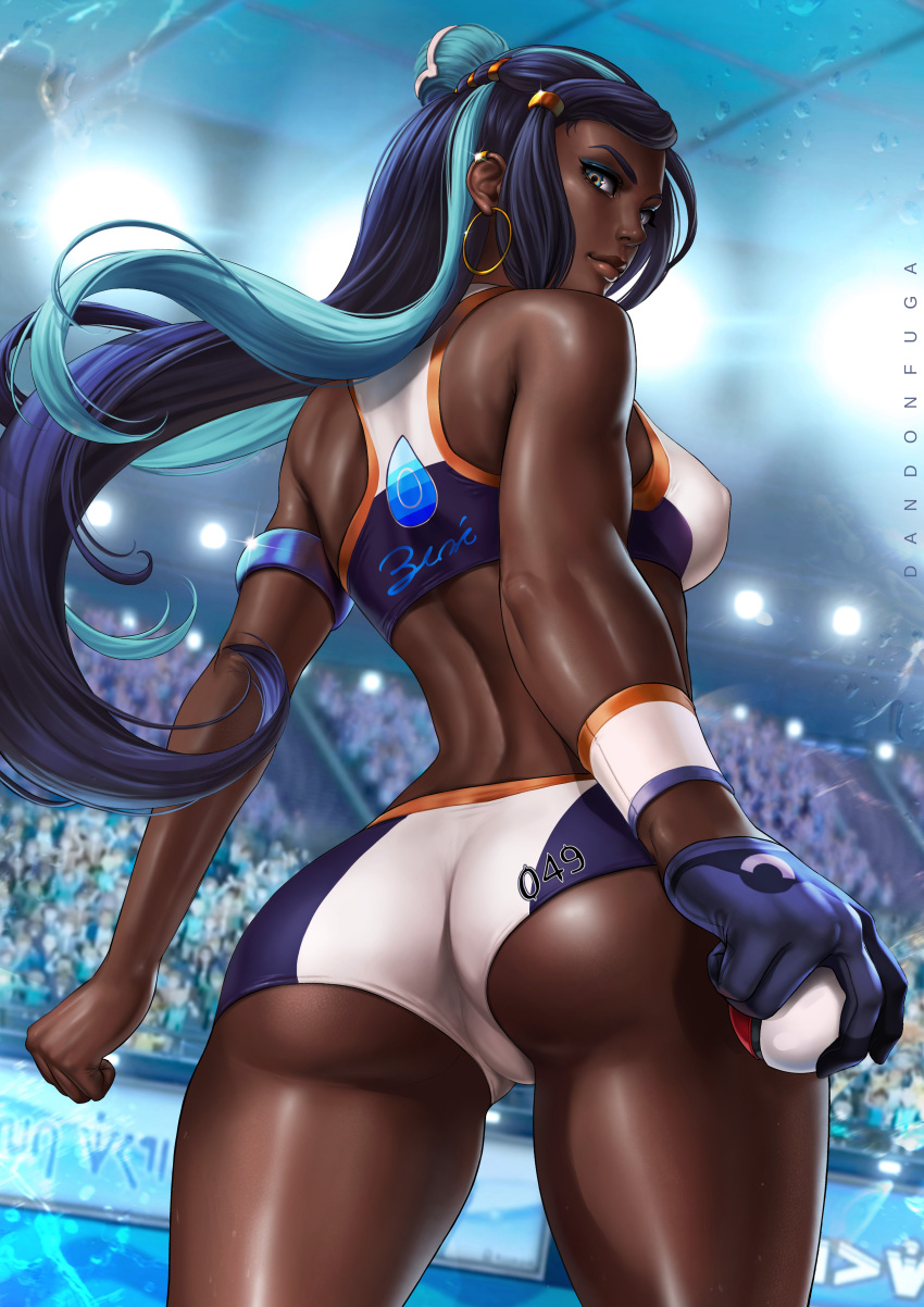 1girl, absurdres, armlet, ass, bangs, bare_shoulders, black_hair, blue_eyes
