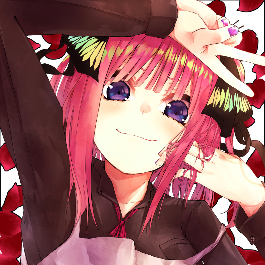 1girl, absurdres, arm_up, bangs, black_shirt, blunt_bangs, butterfly_hair_ornament, close-up