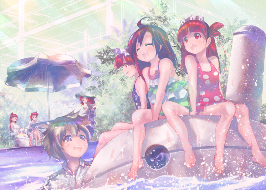 1boy, 6+girls, :d, ^_^, ahoge, bangs, barefoot, beach_umbrella