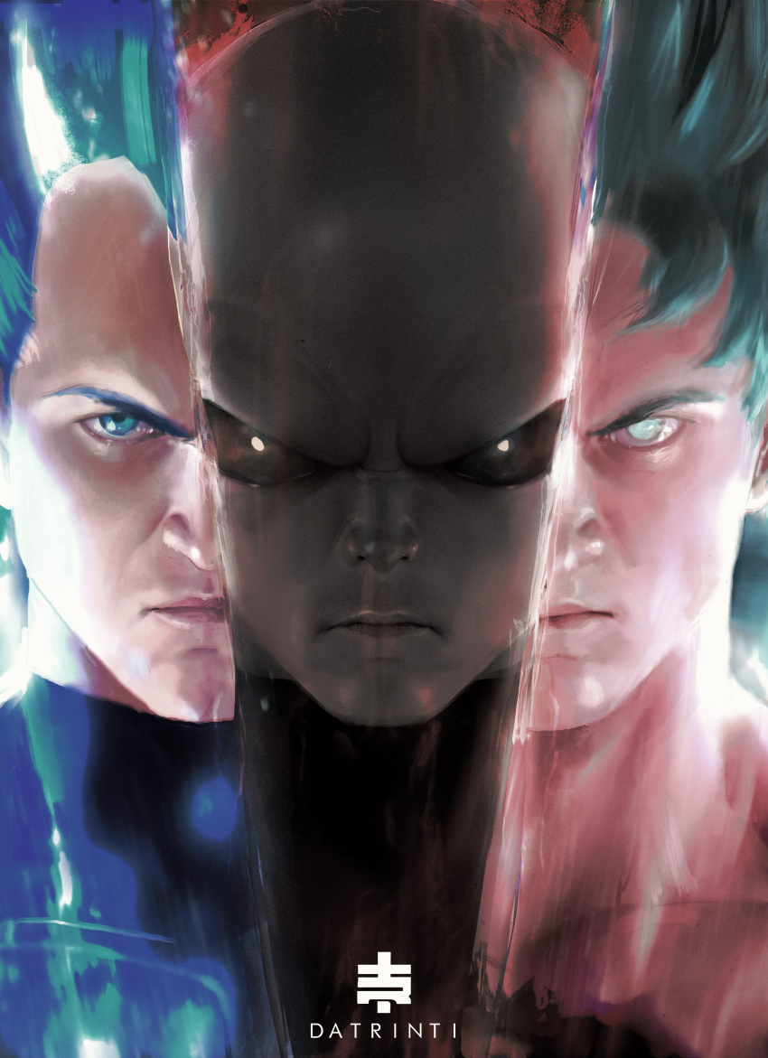 3boys, absurdres, artist_name, aura, black_eyes, blue_eyes, blue_hair, dragon_ball