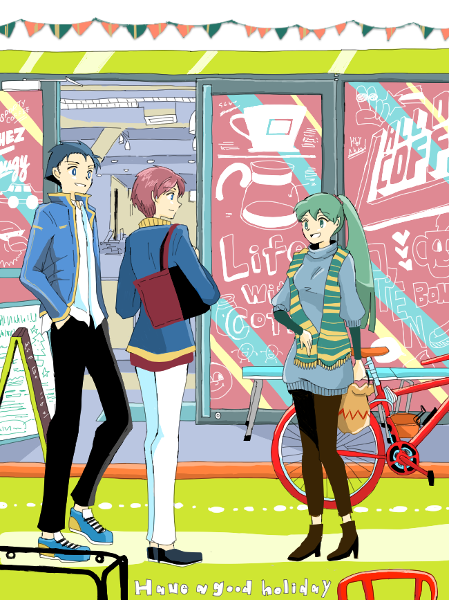 1girl, 2boys, alternate_costume, automatic_door, bag, bench, bicycle, black_pants