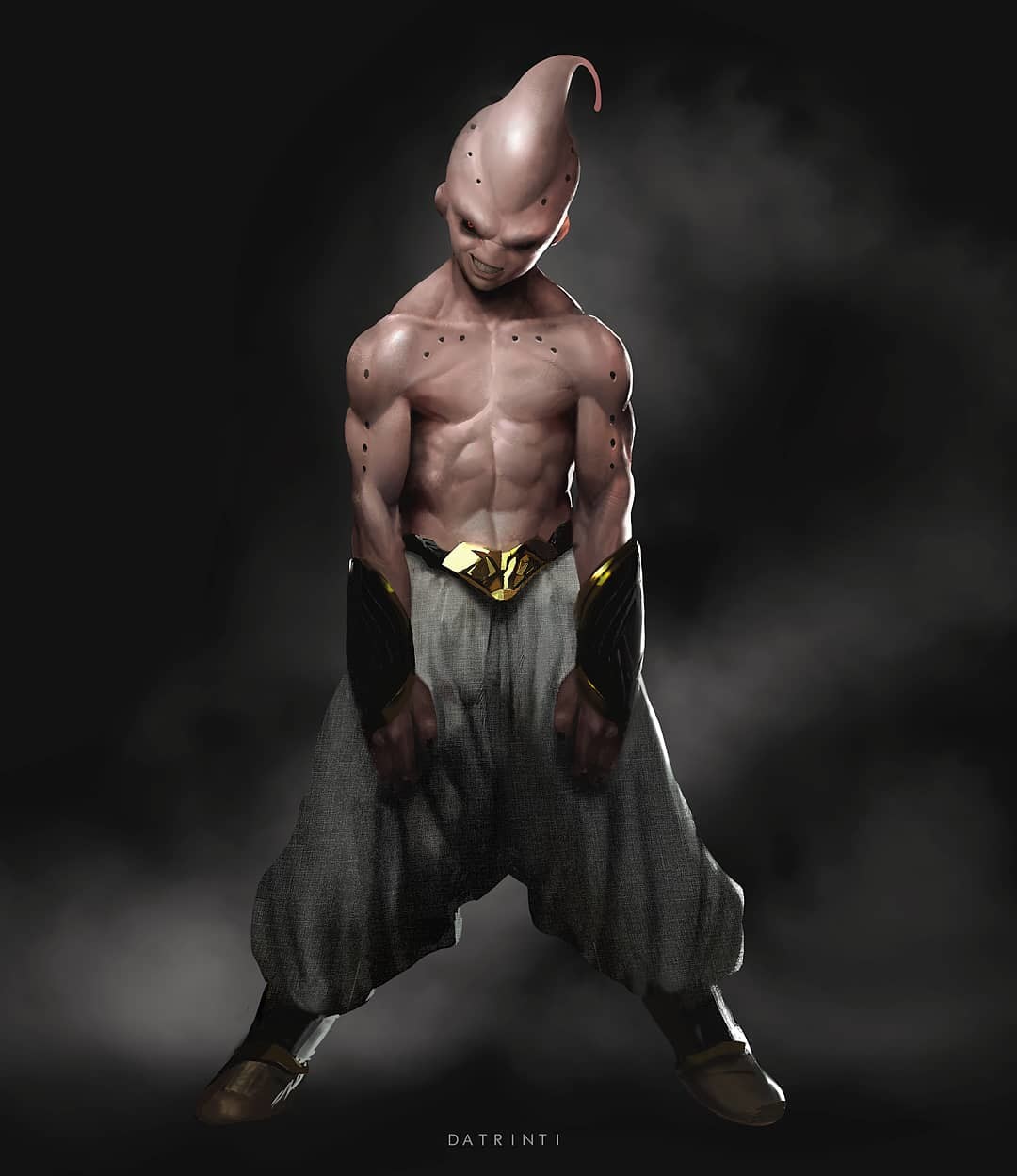 1boy, abs, artist_name, baggy_pants, black_sclera, dragon_ball, dragon_ball_z, evil_grin, evil_smile, full_body, grin, highres, majin_buu, male_focus, muscle, pants, pink_eyes, pink_skin, realistic, smile, solo, tiago_datrinti