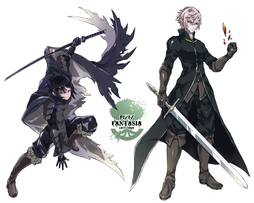 1boy, 1girl, armor, black_gloves, black_hair, black_pants, brown_footwear, brown_vest, cape, clenched_hand, copyright_name, erebas_the_demon_king, fighting_stance, fur_trim, glint, gloves, highres, holding, holding_sword, holding_weapon, inna_the_queen_of_the_ruined_country, katana, long_sleeves, looking_at_viewer, masaki_(monster), pale_skin, pants, pixiv_fantasia, pixiv_fantasia_last_saga, pointy_ears, red_eyes, short_hair, simple_background, standing, sword, vest, violet_eyes, weapon, white_background