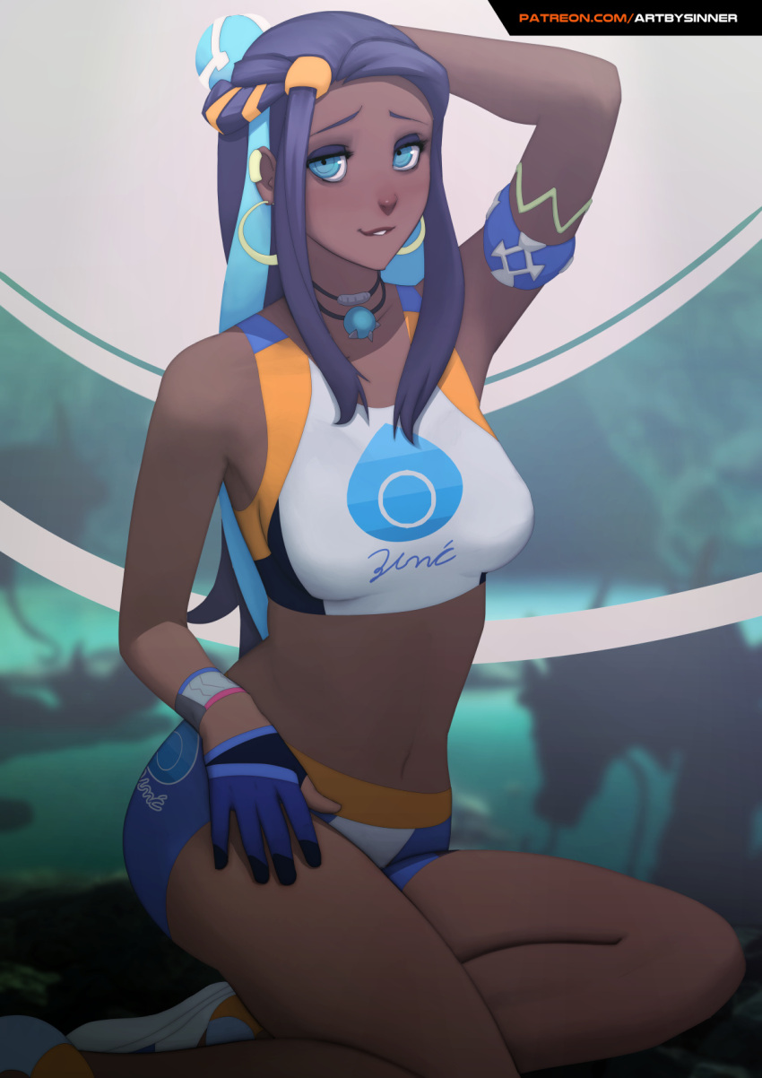 1girl, aqua_eyes, aqua_hair, arm_up, armlet, bare_legs, bare_shoulders, biting