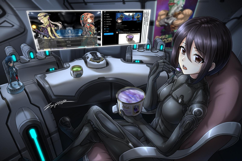 1girl, bangs, black_hair, bodysuit, breasts, brown_eyes, chair, commentary
