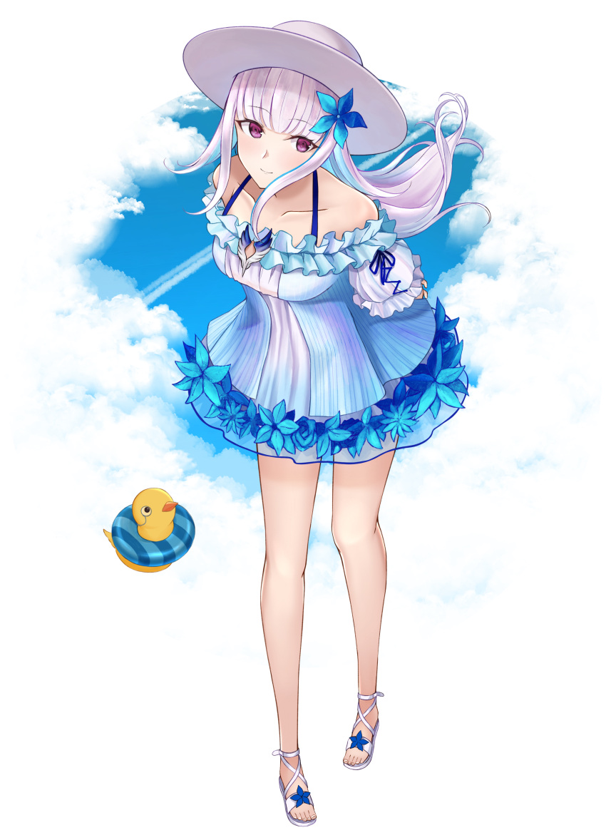 1girl, absurdres, arms_behind_back, bare_legs, bird, blue_flower, breasts, clouds
