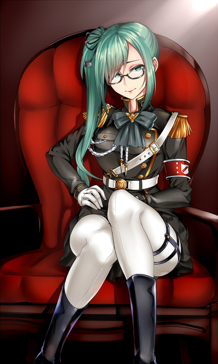 .live, 1girl, armband, bangs, belt, black-framed_eyewear, black_bow, black_footwear, bow, chair, chiku_(gesu), epaulettes, glasses, gloves, green_eyes, green_hair, highres, indoors, kagura_suzu_(.live), long_hair, long_sleeves, looking_at_viewer, military, military_uniform, papers_please, semi-rimless_eyewear, side_ponytail, sitting, solo, uniform, very_long_hair, virtual_youtuber, white_gloves