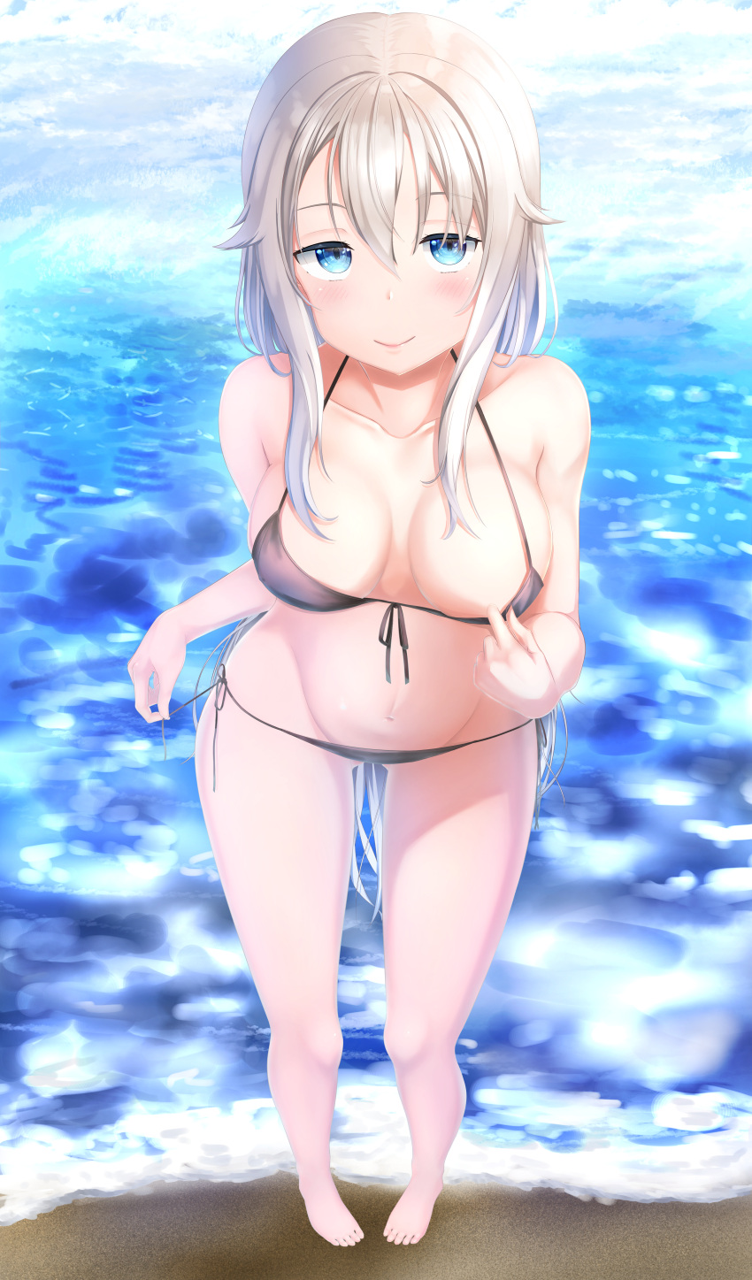 1girl, absurdres, bangs, bare_arms, bare_legs, bare_shoulders, barefoot, beach, bikini, bikini_pull, black_bikini, blue_eyes, blush, breasts, breasts_apart, closed_mouth, collarbone, commentary_request, day, eyebrows_visible_through_hair, front-tie_top, full_body, groin, hair_between_eyes, hair_flaps, highres, huge_filesize, long_hair, looking_at_viewer, medium_breasts, navel, orginal, original, outdoors, pulled_by_self, sand, seaside, side-tie_bikini, sidelocks, silver_hair, smile, solo, stomach, strap_gap, string_bikini, swimsuit, takechii_(user_fpya5735), very_long_hair, water, waves