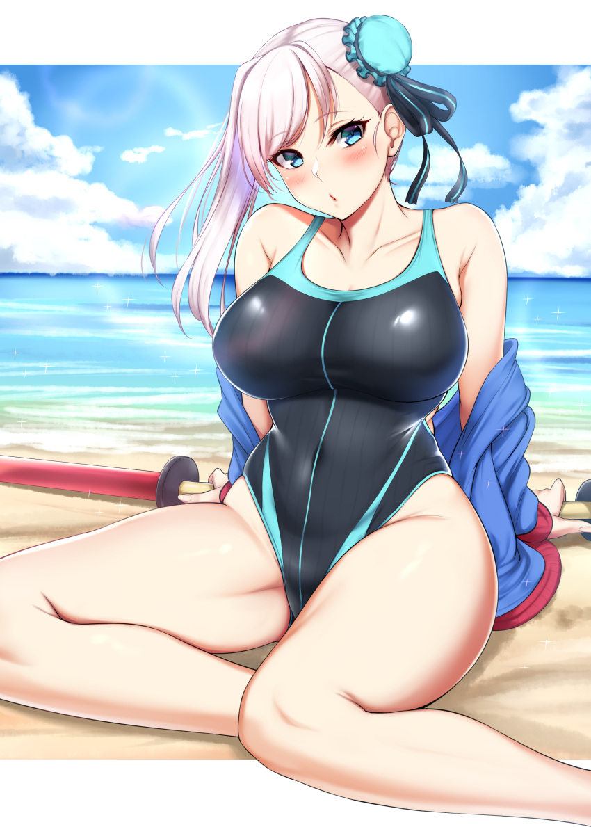 1girl, absurdres, asymmetrical_hair, bangs, beach, black_swimsuit, blue_eyes, blue_sky, breasts, bun_cover, clouds, collarbone, competition_swimsuit, covered_navel, day, fate/grand_order, fate_(series), hair_bun, highleg, highleg_swimsuit, highres, kusahagane, large_breasts, long_hair, miyamoto_musashi_(fate/grand_order), miyamoto_musashi_(swimsuit_berserker)_(fate), ocean, one-piece_swimsuit, pink_hair, sand, sitting, sky, solo, swept_bangs, swimsuit, yokozuwari