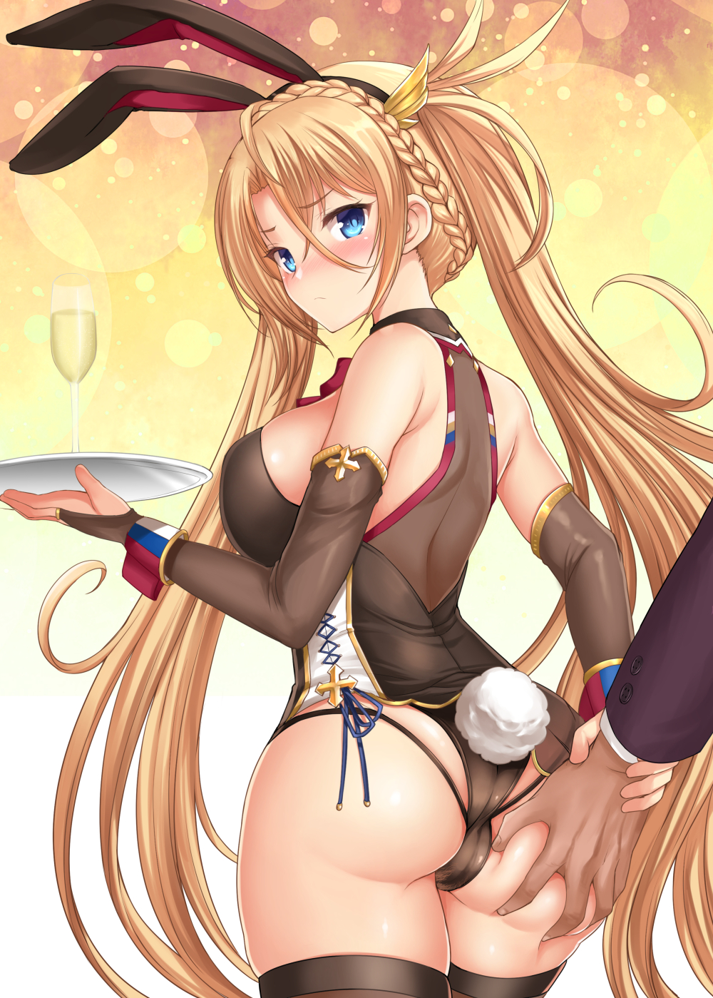 1girl, akino_hamo, animal_ears, ass, ass_grab, bare_shoulders, black_gloves, black_legwear, black_leotard, blonde_hair, blue_eyes, bradamante_(fate/grand_order), breasts, bridal_gauntlets, cup, drinking_glass, elbow_gloves, fate/grand_order, fate_(series), from_behind, gloves, grabbing_another's_ass, groping, highres, holding, holding_tray, large_breasts, leotard, long_hair, rabbit_ears, solo_focus, thigh-highs, tray, twintails, very_long_hair, welcome_bunny_(fate/grand_order), wrist_cuffs