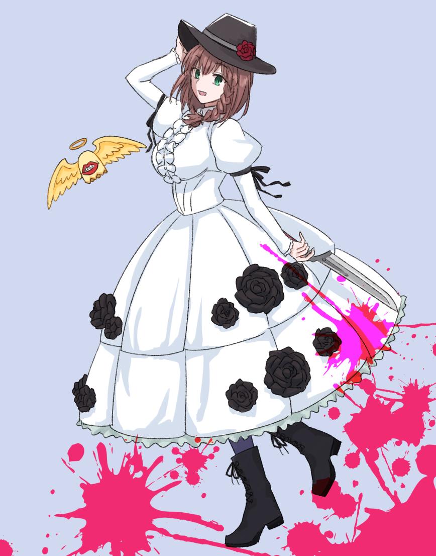 1girl, blood, blood_splatter, boots, braid, breasts, brown_hair, charlotte_corday_(fate/grand_order)