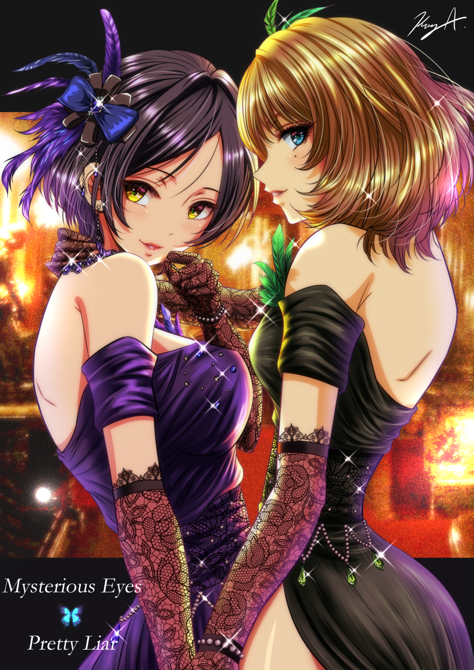 2girls, backless_dress, backless_outfit, black_dress, black_hair, blonde_hair, blue_bow, blue_eyes