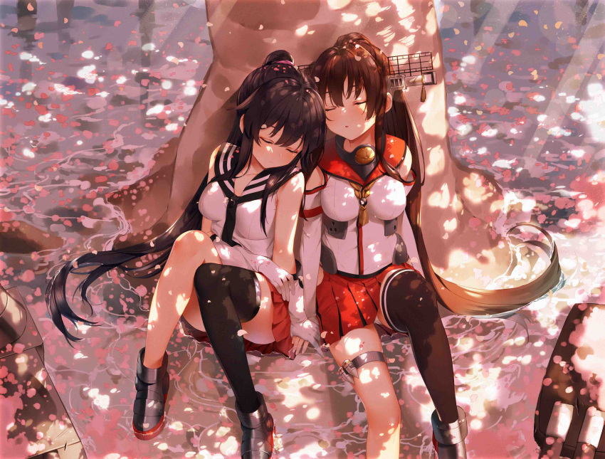 2girls, absurdres, bangs, bare_shoulders, black_hair, black_legwear, black_sailor_collar, breasts