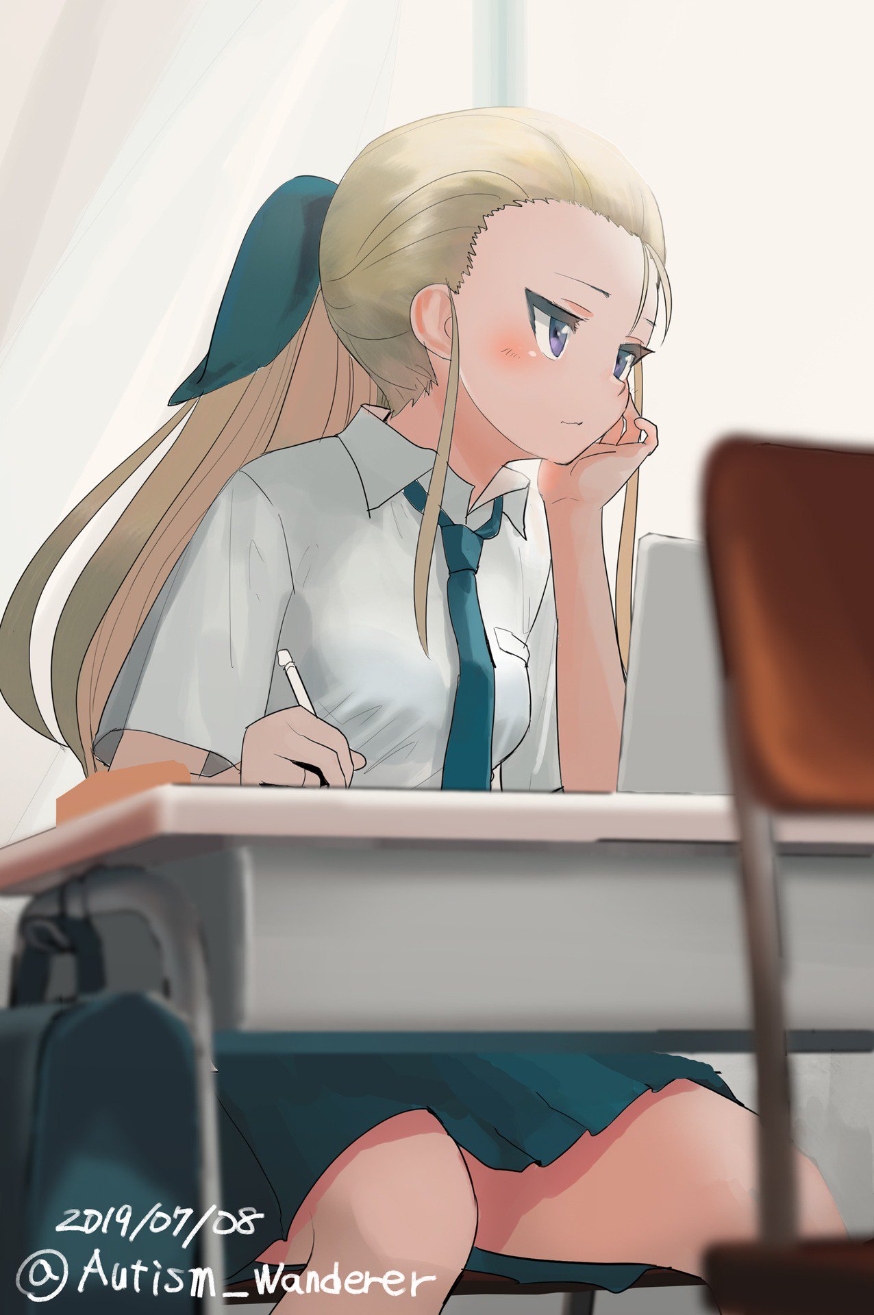 1girl, assam, autism_wanderer, black_neckwear, black_ribbon, blonde_hair, blue_eyes, blue_skirt