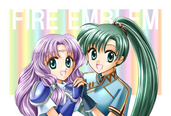 fingerless_gloves, fire_emblem, fire_emblem:_rekka_no_ken, fire_emblem_blazing_sword, florina, florina_(fire_emblem), gloves, green_hair, holding_hands, lyn, lyndis, lyndis_(fire_emblem), pegasus_knight, pink_hair, ponytail, umejiso