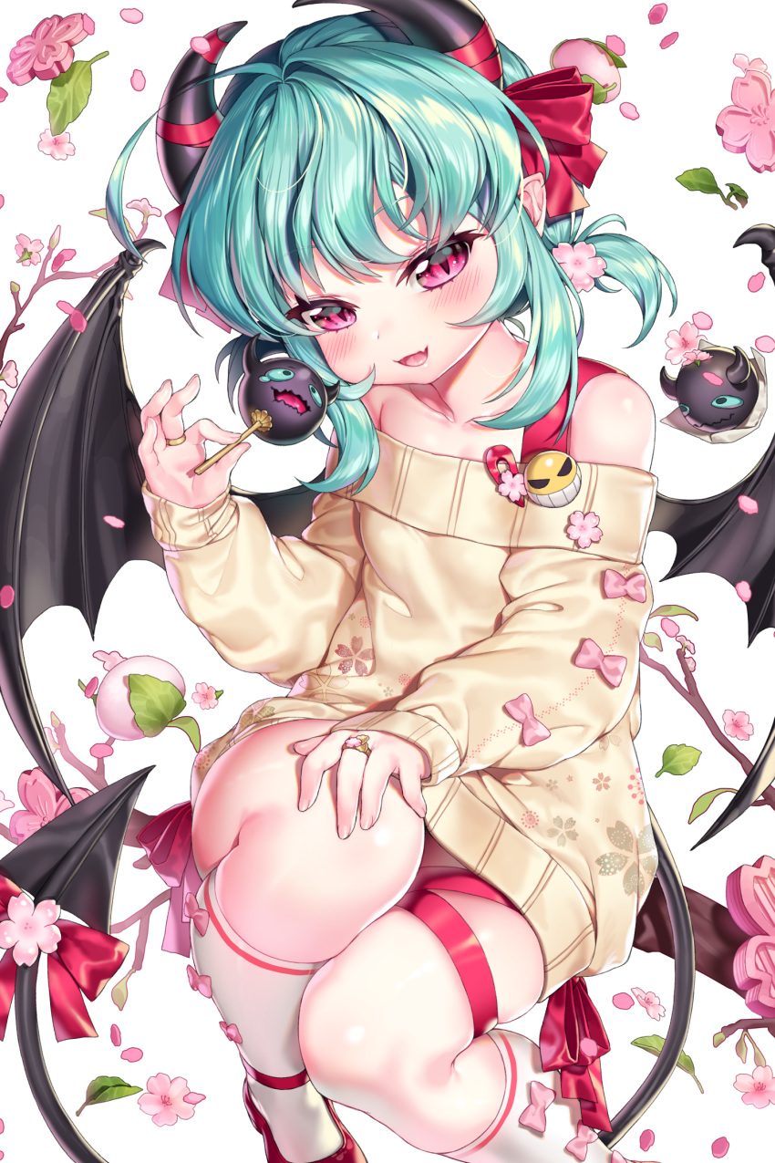 1girl, aqua_hair, black_horns, black_wings, blush, bow, demon_horns, demon_tail, demon_wings, dress, fang, flower, hair_bow, highres, horns, ia_(ias1010), kiera_(soccer_spirits), kira, kneehighs, n, off_shoulder, pink_bow, pink_eyes, red_footwear, red_ribbon, ribbon, short_hair, sidelocks, simple_background, skin_fang, skindentation, smile, soccer_spirits, solo, swearer, sweater, sweater_dress, tail, thigh_strap, white_background, white_legwear, wings