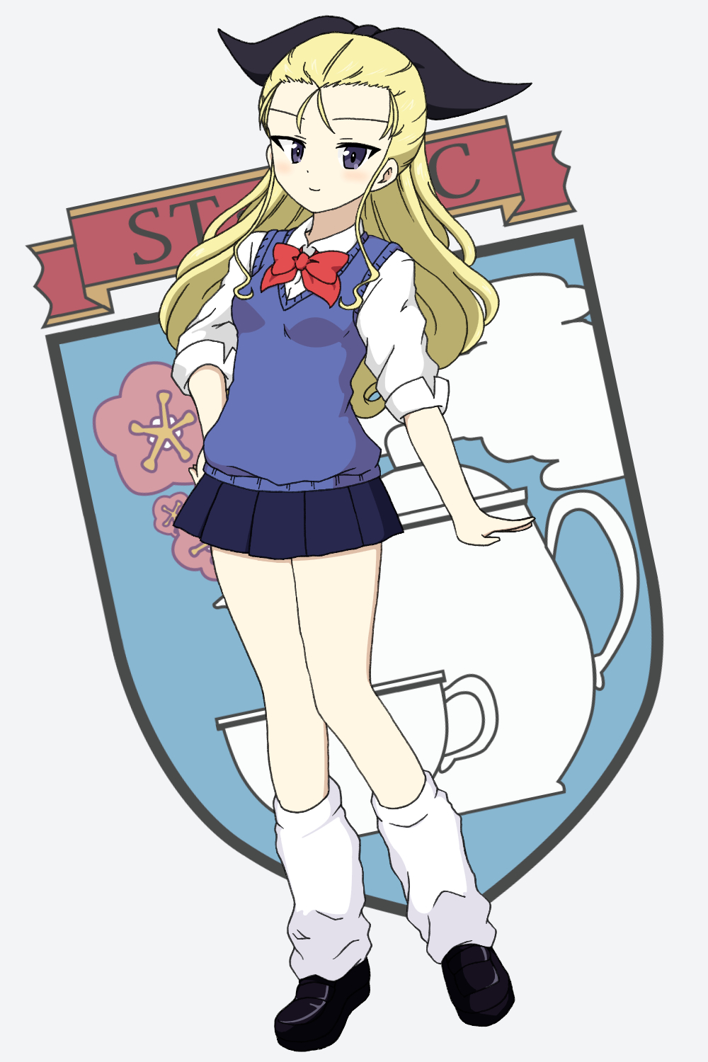 1girl, adapted_costume, assam, black_footwear, black_ribbon, blonde_hair, blue_eyes, blue_sweater