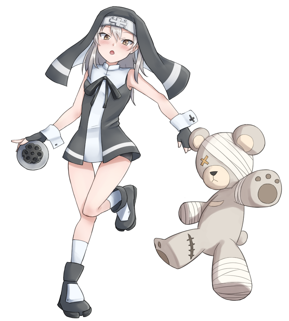 1girl, acchan, ankle_boots, bandages, bike_shorts, black_footwear, black_ribbon, black_shirt