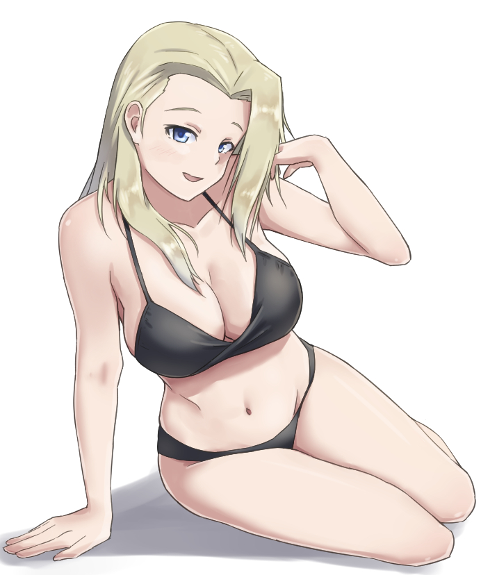 1girl, acchan, actas_(studio), adult, arm_support, bikini, black_bikini, blonde_hair, blue_eyes, breasts, clara_(girls_und_panzer), commentary, girls_und_panzer, hand_in_hair, large_breasts, leaning_to_the_side, legs, long_hair, looking_at_viewer, media_factory, navel, open_mouth, sexy, shadow, simple_background, sitting, skindentation, smile, swimsuit, white_background, yokozuwari