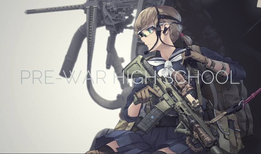 1girl, aircraft, bag, belt, black_legwear, brown_gloves, brown_hair, browning_m2
