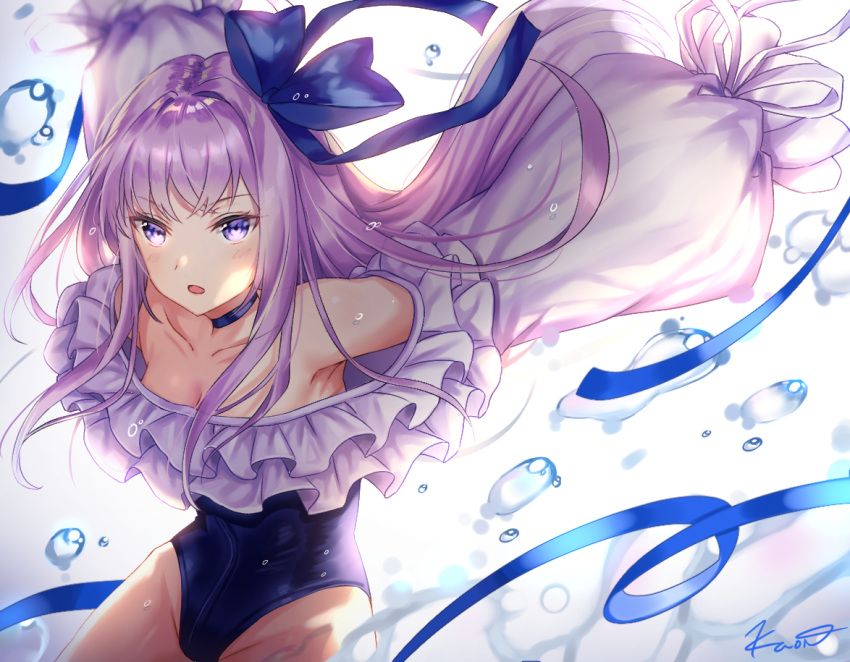 1girl, :o, arms_behind_back, artist_name, bangs, bare_shoulders, blue_eyes, blue_ribbon