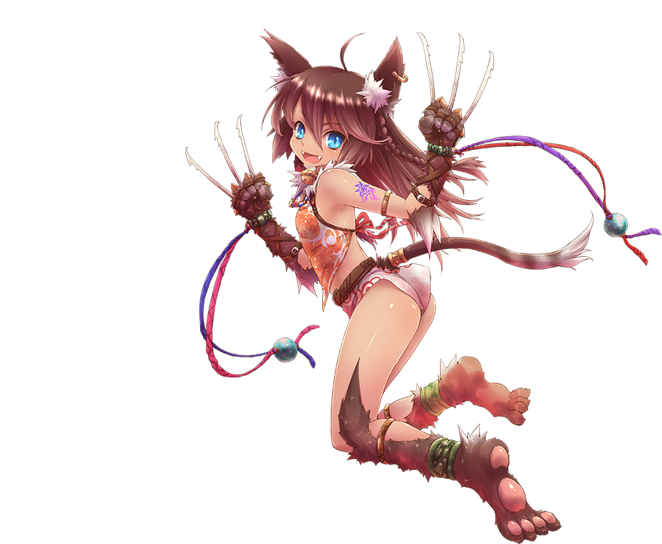 1girl, :d, animal_ears, anklet, braid, breasts, brown_hair, cat_ears