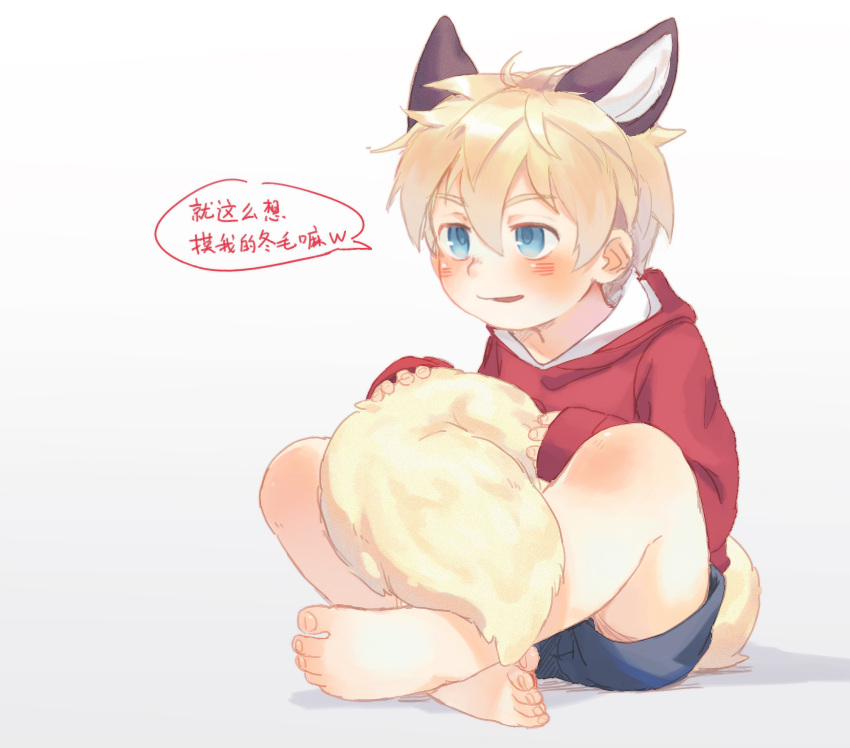 1boy, animal_ears, barefoot, blonde_hair, blue_eyes, blush, fluffy, fox_boy