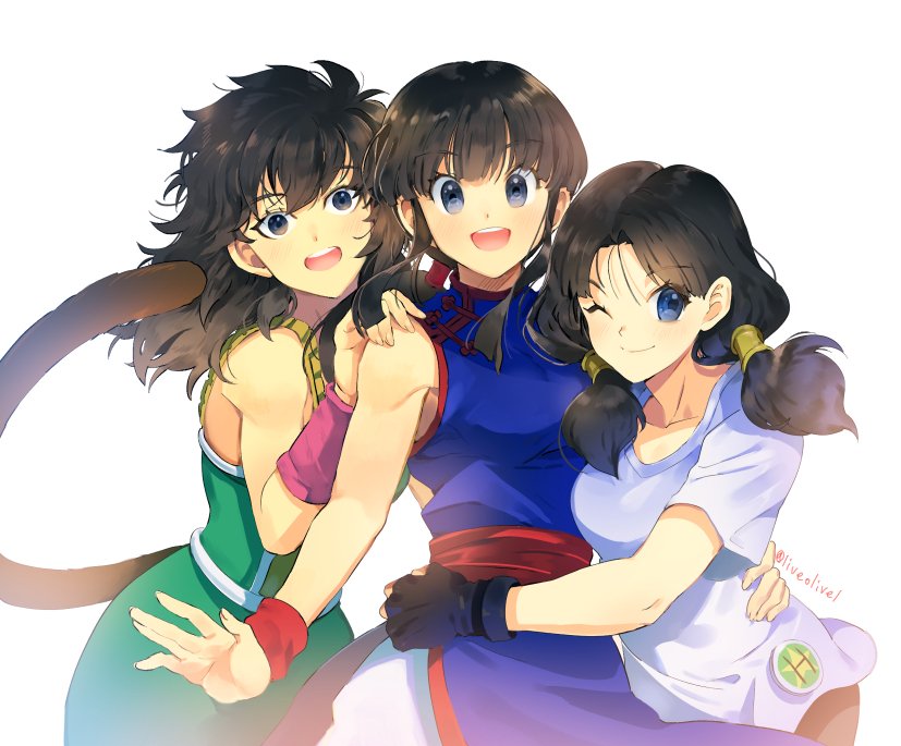 3girls, ;), armor, bangs, bare_arms, bare_shoulders, black_eyes, black_gloves
