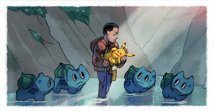 0_0, 1boy, animal, black_hair, border, bulbasaur, closed_eyes, commentary