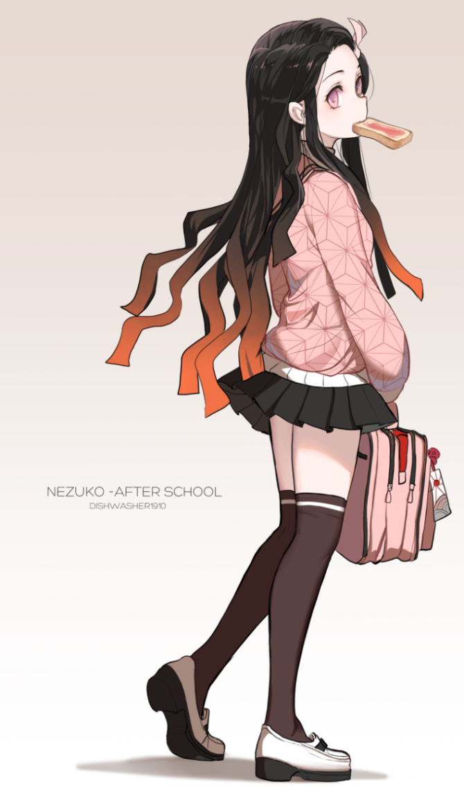 1girl, artist_name, backpack, bag, bag_charm, black_hair, black_skirt, blush