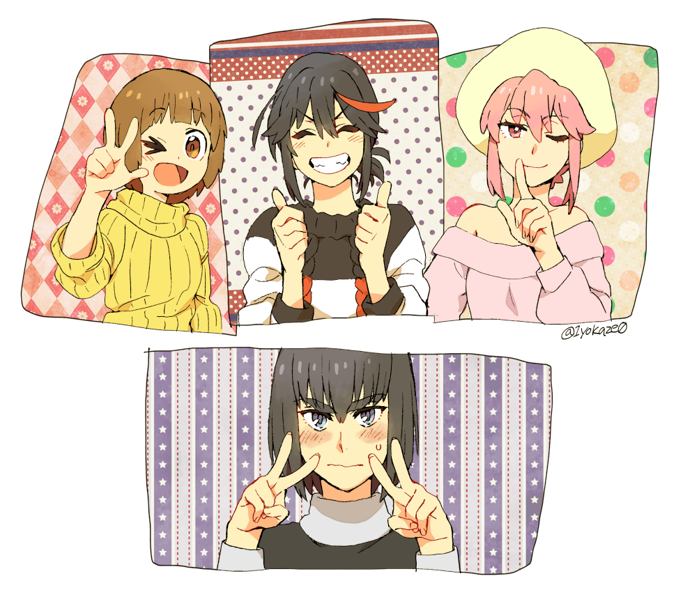 4girls, ;), ;d, ^_^, argyle, argyle_background, bangs, black_hair