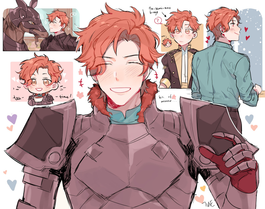 ..., 1boy, ?, absurdres, armor, back, blush, chibi, closed_eyes, cup, epaulettes, fire_emblem, fire_emblem:_three_houses, gloves, heart, highres, horse, m_majunju, male_focus, orange_eyes, orange_hair, solo, sparkle, sylvain_jose_gautier, teacup, teeth, uniform, white_background