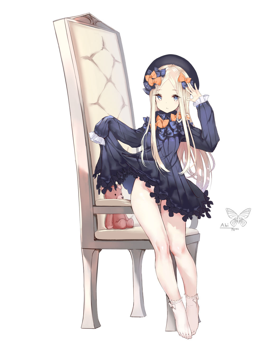 1girl, abigail_williams_(fate/grand_order), arm_up, armchair, bangs, black_bow, black_dress, black_headwear
