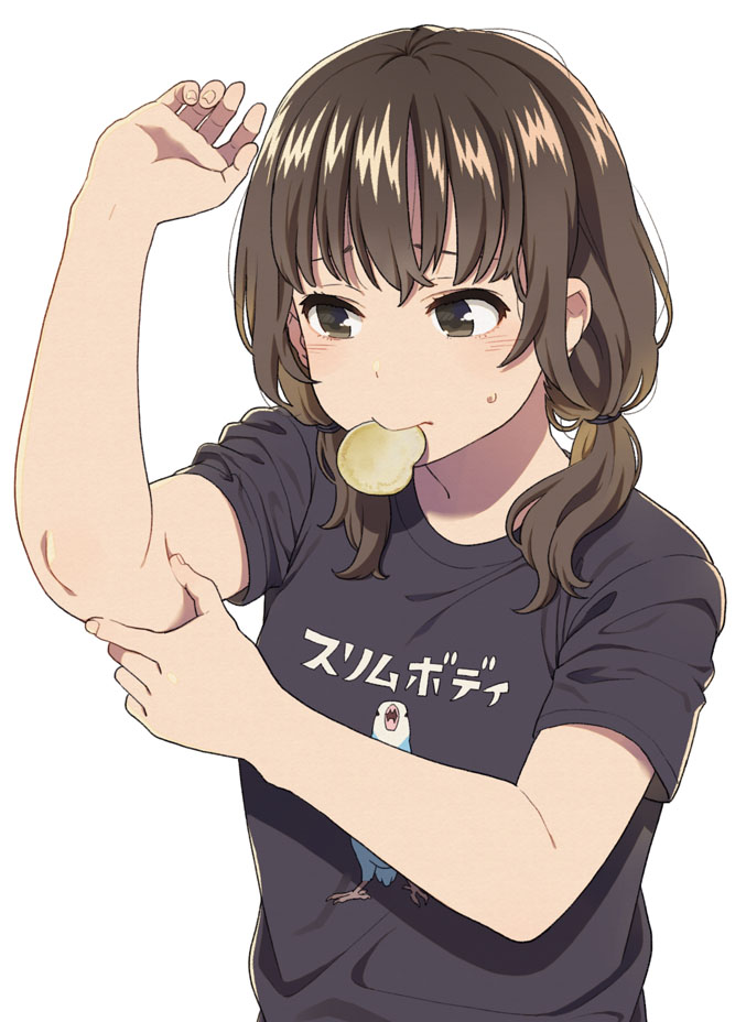 1girl, arm_up, bangs, black_shirt, blush, brown_hair, budgerigar_(bird), chips