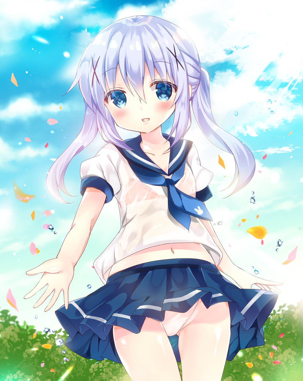 1girl, animal_print, bangs, bitter_crown, blue_eyes, blue_hair, blue_neckwear, blue_sailor_collar