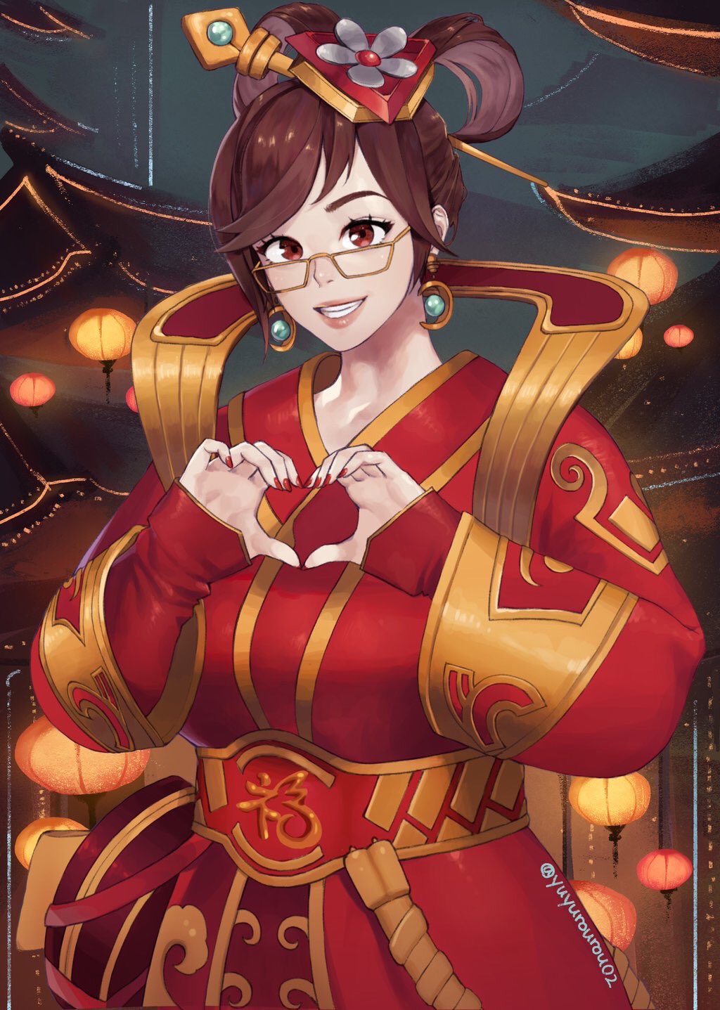 1girl, bag, breasts, brown_eyes, brown_hair, chinese_clothes, chinese_zodiac, dizim, earrings, glasses, grin, hair_ornament, hair_rings, heart, heart_hands, highres, jewelry, lantern, large_breasts, luna_mei, mei_(overwatch), overwatch, paper_lantern, red_nails, smile, solo, twitter_username, upper_body, year_of_the_rooster