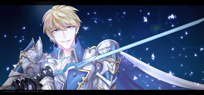 1boy, armor, artist_name, black_gloves, blonde_hair, blue_background, blue_cape, cape