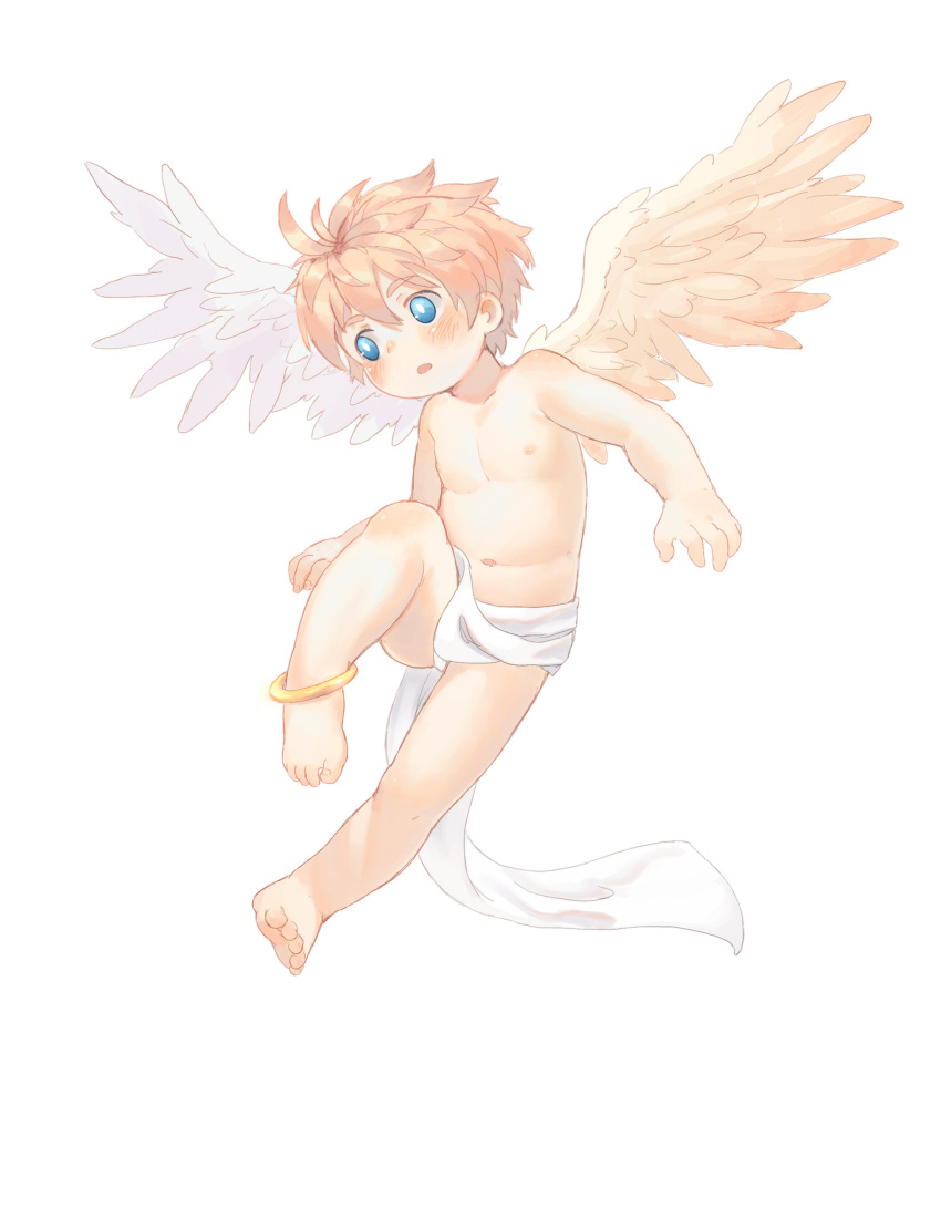 1boy, absurdres, angel, angel_wings, barefoot, blonde_hair, blue_eyes, feet