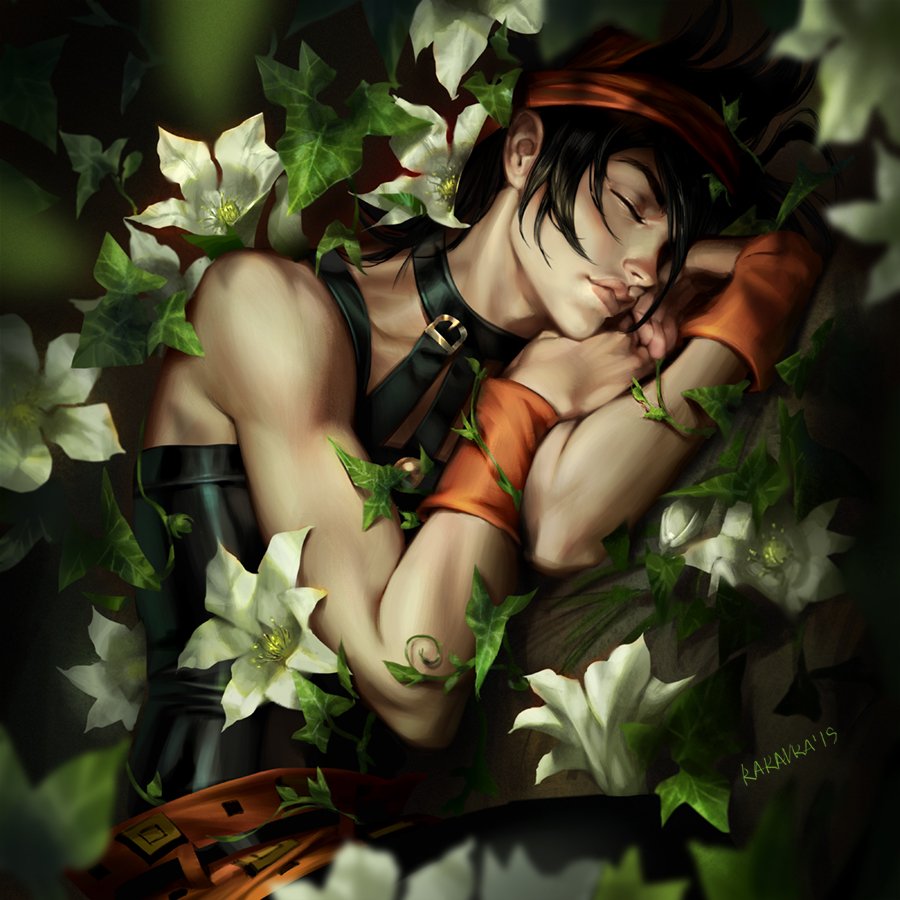 1boy, black_hair, closed_eyes, death, flower, jojo_no_kimyou_na_bouken, lily_(flower), lying