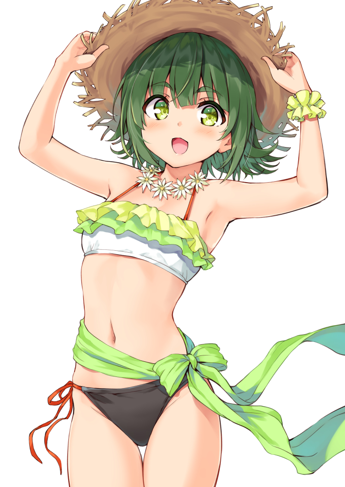 1girl, :d, armpits, arms_up, bare_arms, bare_shoulders, bikini, blush