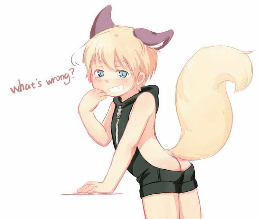 1boy, animal_ears, blonde_hair, blue_eyes, blush, english_text, fox_boy, fox_ears