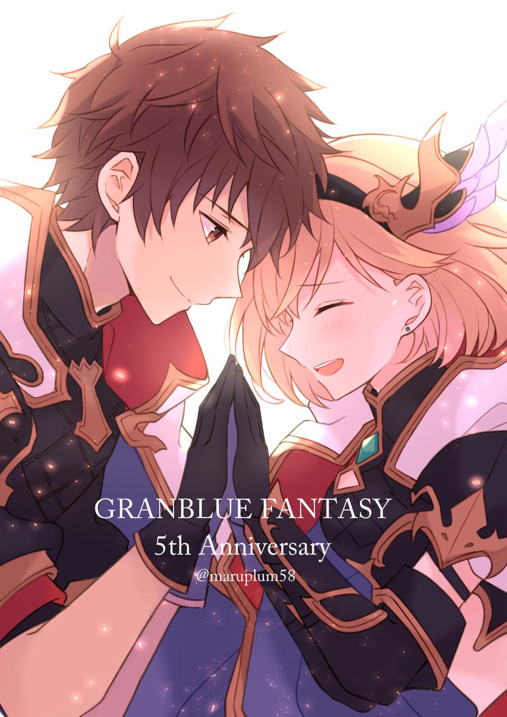 1boy, 1girl, armor, artist_name, black_armor, black_gloves, blonde_hair, blush