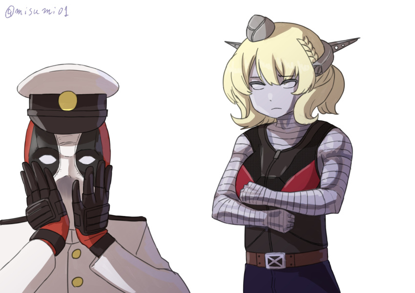 1boy, 1girl, admiral_(kantai_collection), blonde_hair, braid, colorado_(kantai_collection), colossus_(x-men), commentary_request