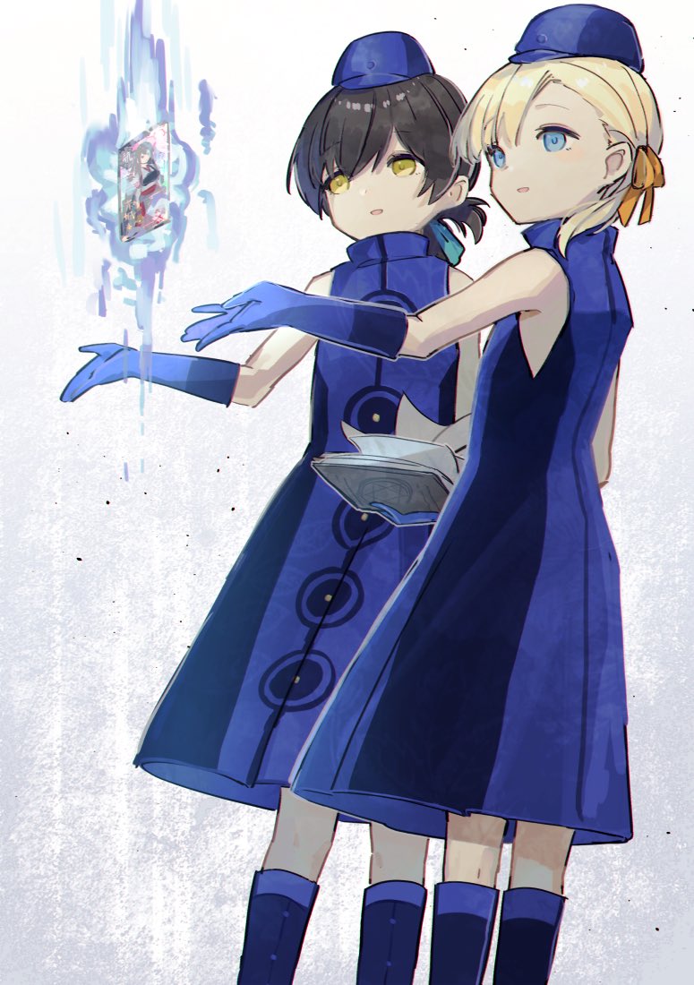 2girls, a-1_pictures, atlus, bangs, blonde_hair, blue_dress, blue_eyes, blue_footwear