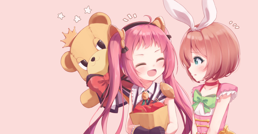 2girls, apple, bag, black_gloves, brown_hair, character_request, closed_eyes, crown